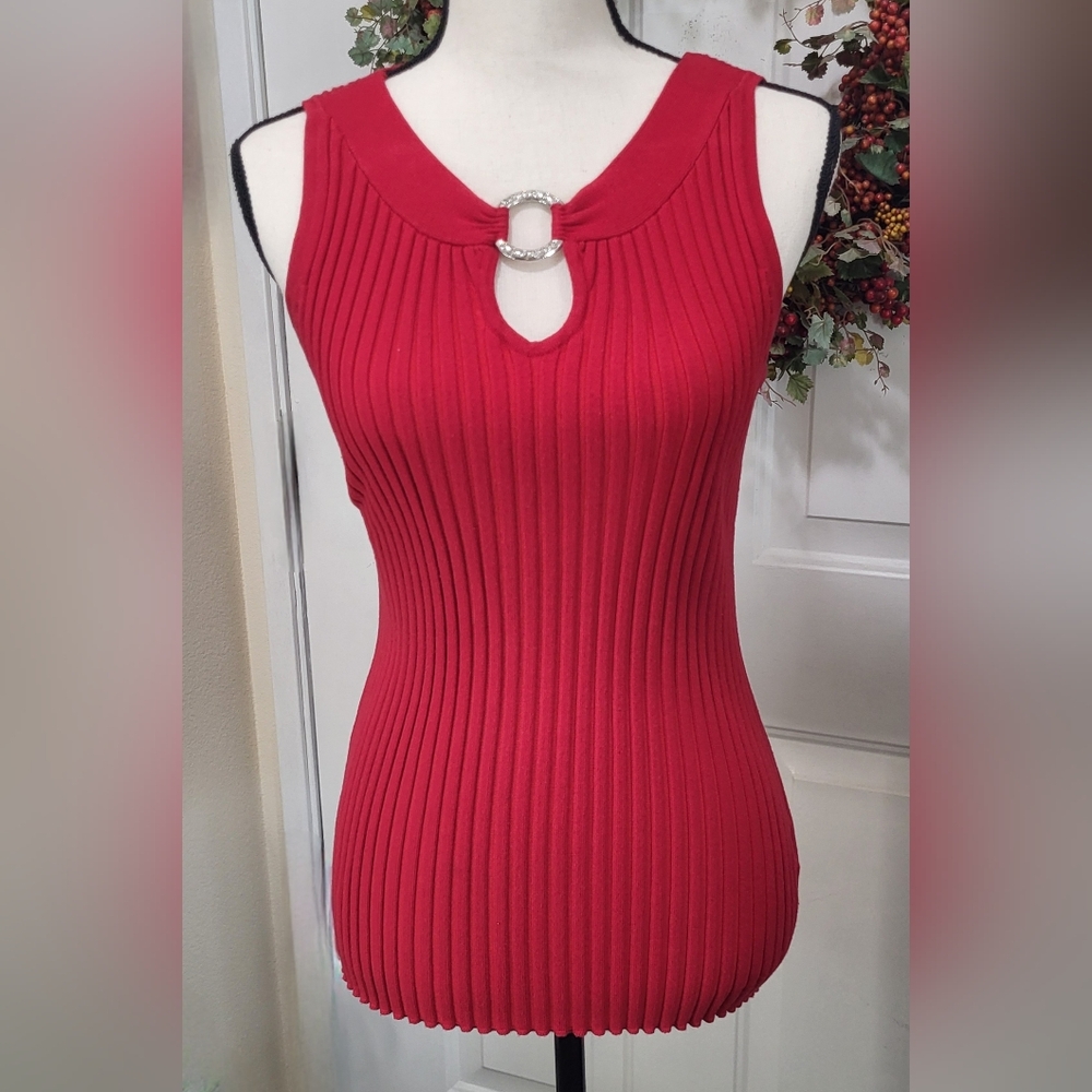 Belldini Red Hot Ribbed Stretchy Sleeveless Rhinestone Bling Top Size L Red